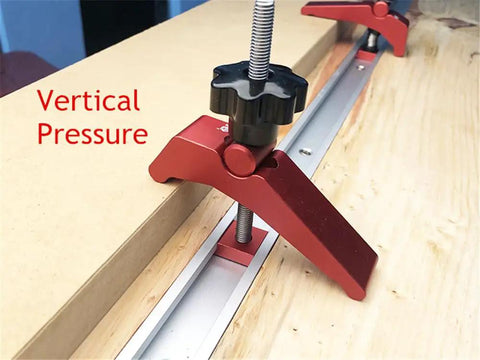 Close-up of Heavy Duty T Slot Hold Down Clamp Set For Precision Woodworking Benches securing material with vertical pressure.