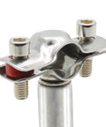 Close-up of stainless steel pipe ceiling clamp with bolts and red adjustment knob on a vertical pipe