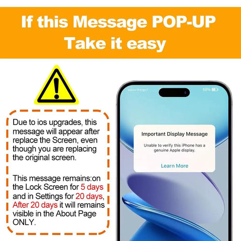 iPhone screen displaying message about genuine Apple display after screen replacement with 6.1 Inch LCD Screen Replacement Kit With 3D Touch Digitizer And Repair Tools For 11 Models, Quick Fix And Seamless Display Upgrade, Compatible With A2111 A2223 A2221