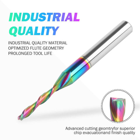 Spiral Downcut Router Bit Heavy Duty One Eighth Inch Cutting Diameter One Quarter Inch Shank Solid Carbide CNC End Mill With TAC Coating for wood carving and engraving, showing full tool with color coating.