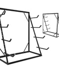 Heavy Duty 4 Tier Lumber Storage Rack With Adjustable Steel Frame, showing sturdy black frame and hooks for organizing gear.