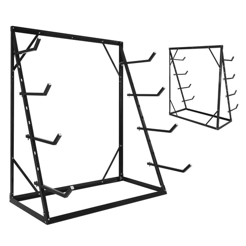 Heavy Duty 4 Tier Lumber Storage Rack With Adjustable Steel Frame, showing sturdy black frame and hooks for organizing gear.