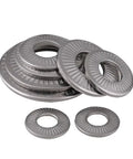 Conical Disc Spring Cup Washers 304 Stainless Steel Set Heavy Duty Three Eighths Inch Size Ten Pack With Narrow Medium And Wide Edges Corrosion Resistant Gasket Pack For Machinery And DIY Projects, stacked and flat view