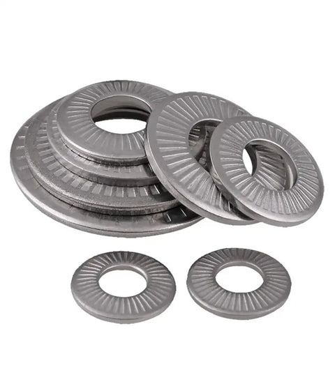 Conical Disc Spring Cup Washers 304 Stainless Steel Set Heavy Duty Three Eighths Inch Size Ten Pack With Narrow Medium And Wide Edges Corrosion Resistant Gasket Pack For Machinery And DIY Projects, stacked and flat view