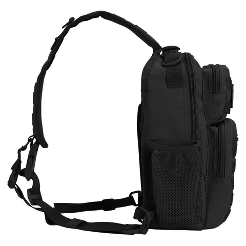 Side view of Rugged Tactical Sling Pack For Everyday Carry, Shoulder Crossbody Bag With Bottle Holder, 13L Capacity, in black.