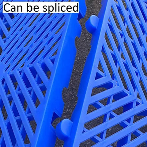 Close-up of blue Reusable Plastic Pallet System with Nestable Modular Trays and Grid Design for Wet Areas.