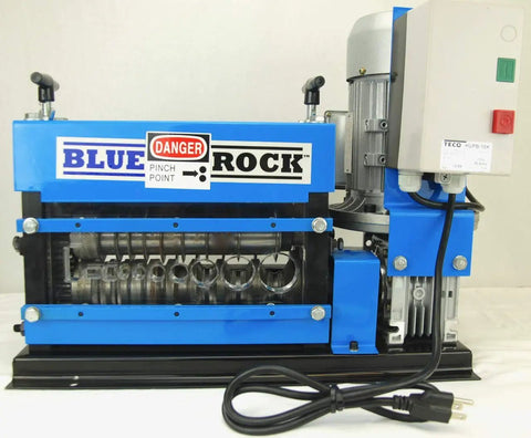 Nine Channel Copper Wire Stripping Machine With 1HP 120V Motor Handles 18 AWG To 1 Inch OD Cables Industrial Grade Steel Frame Patent US8839695B2 Beefy Heavy Duty 125 Lbs Efficient Smooth Cut For Quick Cable Recycling in blue and black