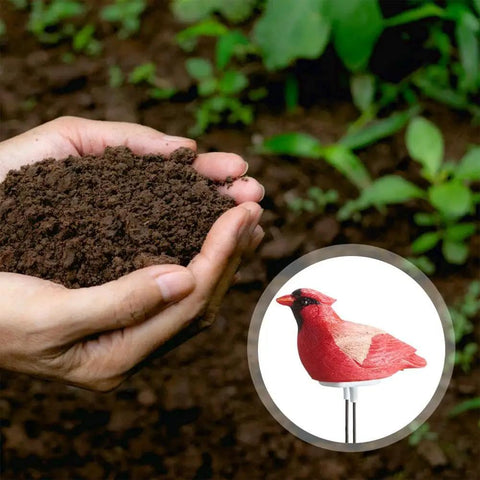 Simulated Bird Shaped Soil Moisture Sensor With Automatic Alarm Portable Plant Water Tester in garden setting