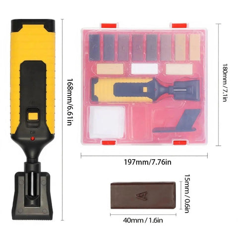 Quick Dry Hardwood Floor Restoration Set For Scratches And Dents, Wax System with 11 color blocks and applicator tool on display.