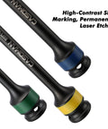 Five Piece One Half Inch Drive Torque Limiting Extension Bar Set With Color Coded Ends For Easy Use Pro Grade Built From Impact Grade Chrome Molybdenum Steel With Black Finish Spring Loaded End Ball Torque Settings 65 To 140 Ft Lbs 90 To 190 Nm with high-contrast laser-etched markings.