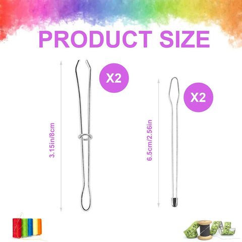 4 Pack Metal Drawstring Threaders For Easy Quick Insertion In Sweatpants, Hoodies, And Swim Trunks Stainless Steel Bodkin Threader Tweezers DIY Rope Tool Durable And Lightweight displayed with dimensions and styles