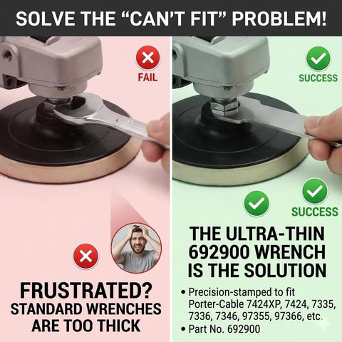 Comparison of wrench fitting for sanders showing success with 692900 Replacement Polisher Wrench for 7424XP 7424 7335 7336 97355 97366
