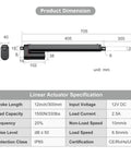 Diagram and specifications of 12V Heavy Duty Linear Actuator 330 Lbs 1500 Newtons 12 Inch 300 mm Silent IP65 Electric Actuator