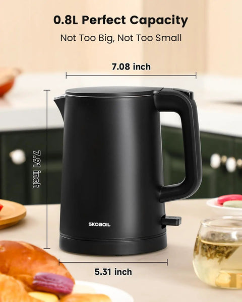 Compact Electric Kettle For Tea And Coffee 0.8L 27 Oz Double Wall Stainless Steel Space Saving Mini Hot Water Heater