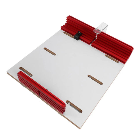 Dead Nuts Accurate Table Saw Crosscut Sled With Adjustable Aluminum Track Fence And Heavy Duty Woodworking Router Jig Kit top view showing red and white construction.