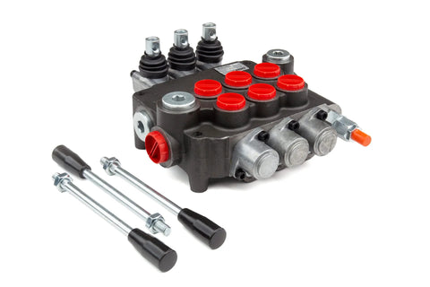 Front view of a 3-spool hydraulic directional control valve with red caps, SAE ports, and mounting bolts