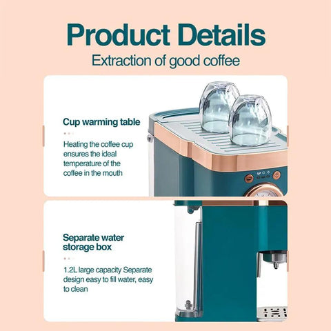 Deluxe Home Espresso Machine With Built-In Milk Frother, Semi-Auto Coffee Maker, blue stainless steel side view