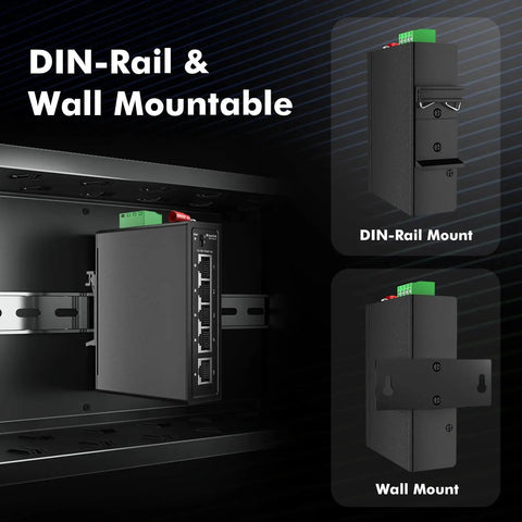 Industrial 5 Port Gigabit Ethernet Switch for DIN Rail and Wall Mount installed in panel