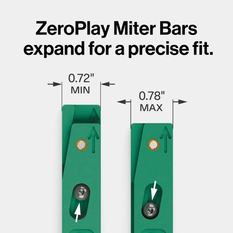 Premium Zero Play Table Saw Sled Kit featuring Adjustable Miter Bar, detailed measurement of 0.72" to 0.78" for precision fitting.