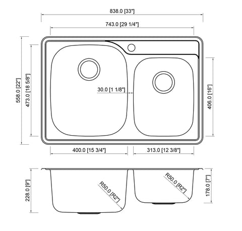 Diagram of 33x22x9 Inch 60/40 Offset Double Bowl Stainless Steel Kitchen Sink With Strainer And Dish Rack, 18 Gauge T304 Rust Resistant