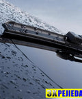 Heavy Duty Front And Rear Wiper Blades For 2002 Through 2006 Gmc Envoy 22 Inch OEM mounted on wet windshield.