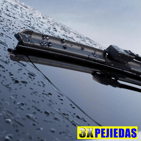 Heavy Duty Front And Rear Wiper Blades For 2002 Through 2006 Gmc Envoy 22 Inch OEM mounted on wet windshield.