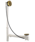 Top Shelf Smooth Operation Heavy Duty Cable Drive Bathtub Drain Trim Kit With 27 Inch Pull Chain Rotary Overflow Knob and Pop Up Stopper Plus Polished Brass Poly Tubular Pipe and Hardware Set, polished brass drain assembly.