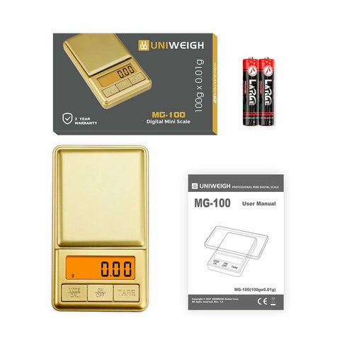 Mini Pocket Scale 100g 0.01g Digital Gram Scale With Cover Small Travel Ounce Scale bundle including batteries, scale, and manual.