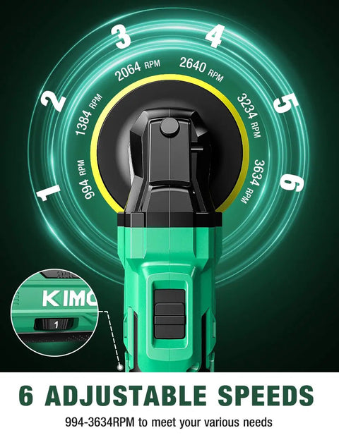 Cordless Car Polisher Kit With 20V Power, 6 Variable Speeds Up To 3634 RPM, speed settings display with RPM values.