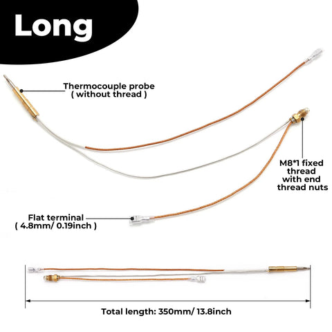 Thermocouple replacement probe for outdoor patio heater; copper leads, M8 threaded end, 350mm length.