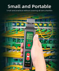 Hand holding KFI-40 All-In-One Workhorse Optical Fiber Traffic Identifier With VFL Function in front of fiber cables