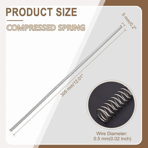 Heavy Duty 304 Stainless Steel Long Compression Extension Spring With 0.5mm Wire And 5mm Outer Diameter, 305mm length, showcasing size and wire diameter.