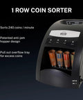 Bulletproof Electric Coin Sorter That Cranks Out Two Hundred Forty Pieces A Minute With A Generous Hopper And Patented Anti Jam System showing coin tubes and control panel.