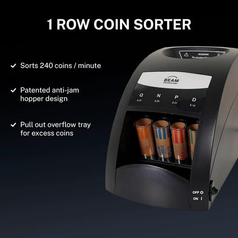 Bulletproof Electric Coin Sorter That Cranks Out Two Hundred Forty Pieces A Minute With A Generous Hopper And Patented Anti Jam System showing coin tubes and control panel.