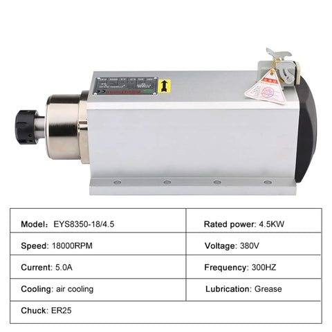 Heavy Duty 4.5Kw Square Air Cooled Motor With Er25 Spindle Delivering 18000Rpm for CNC milling and wood carving.