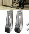 Heavy Duty 2 Pack Metal Gate Caster Wheels With Reinforced L Bracket Quiet Ball Bearing Glide Anti Sag Door Support Hardware For No Sweat Smooth Fence Operation, two steel wheels with L brackets.