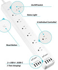 Zero Sweat Smart Power Strip Surge Protector With Six Independently Controlled Outlets, Four USB Ports Including One 20W Type C Rapid Charge, showing buttons and outlets.