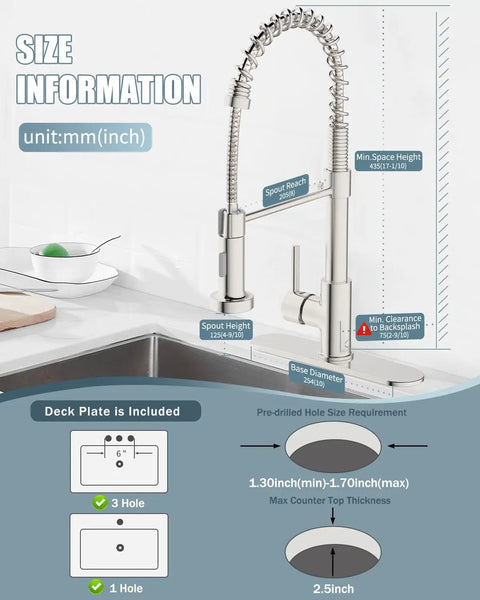 Diagram showing measurements of Stainless Steel Kitchen Faucet Set With Pull Down Sprayer And Soap Dispenser No Fuss Commercial Grade