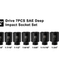 7-Piece 1/2 Inch Drive Deep Impact Socket Set SAE Range 1-3/8 Inch Through 1-3/4 Inch, 6-Point Sockets lined up