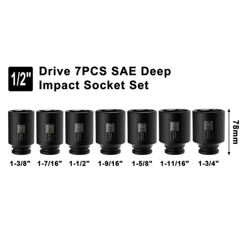 7-Piece 1/2 Inch Drive Deep Impact Socket Set SAE Range 1-3/8 Inch Through 1-3/4 Inch, 6-Point Sockets lined up