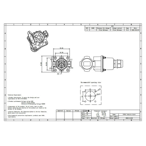 Type 1 EV Charging Socket Black AC Charger Connector SAE J1772 drawing with dimensions for vehicle inlet specifications.