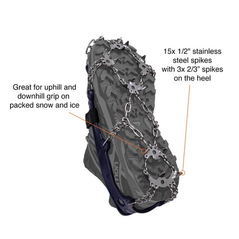 Trail Crampon Ultra I Ice Cleat Traction System with 18 stainless steel spikes on a shoe sole, showing grip design.