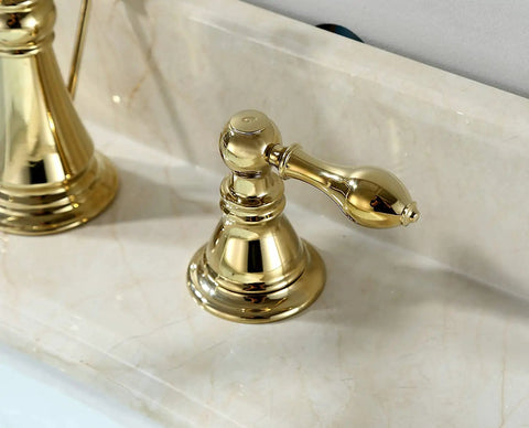 Side view of 8 Inch Widespread Polished Brass Bathroom Faucet With Two Handles And Brass Pop Up Drain For 3 Hole Sink Lead Free CUPC