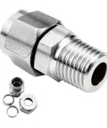 Close-up of stainless steel compression fitting, straight adapter for 5/16 in tube OD to 1/2 in NPT male with ferrules