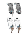 Two Piece Flush Mount Trailer Access Door Latch Set With Push Button Cylinder Closure for Paired Baggage Panels, black and silver.