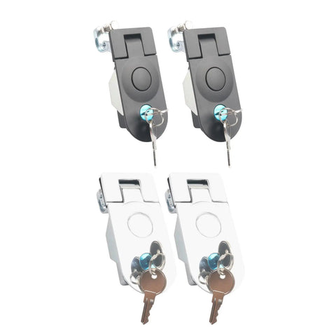 Two Piece Flush Mount Trailer Access Door Latch Set With Push Button Cylinder Closure for Paired Baggage Panels, black and silver.