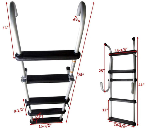 Removable Folding 5 Step Pontoon Boat Ladder With Anodized Aluminum Tubing Built Tough And Holds Up To 300 Lbs Stows Easily On Deck With Rail Mount Clips For Quick Access And Compact Storage. 55-inch 5-step folding pontoon boat ladder, anodized aluminum, rail mount clips