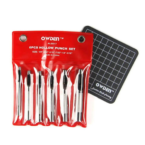 6 Piece Hollow Hole Punch Set With Free Cutting Mat For DIY Leather, Fabric, And Craft Projects, visible in red PVC pouch.