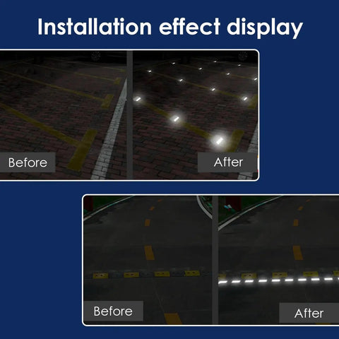 Before and after installation of Ultra Bright Reflective Driveway Markers 4 Inch By 4 Inch 40 Pack Road Reflectors at night