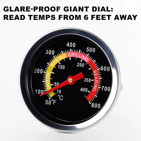 Close-up of grill thermometer, 2 3/8 inch dial, 50-800°F range, glare-proof, easy read numbers